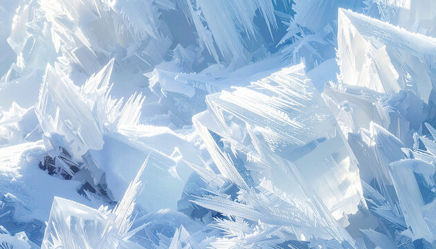 Close up of frozen ice crystals with sharp edges in cool light