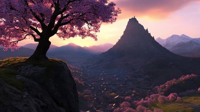 Serene Landscape with Cherry Blossom Trees and Majestic Mountain at Sunrise