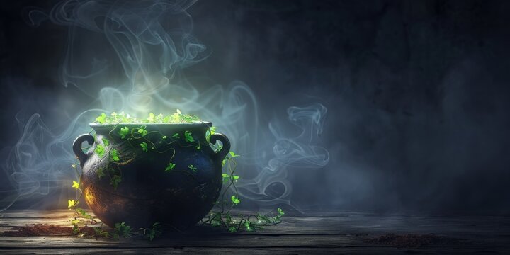 Witch cauldron with glowing green magic potion and mystical smoke in a dark forest
