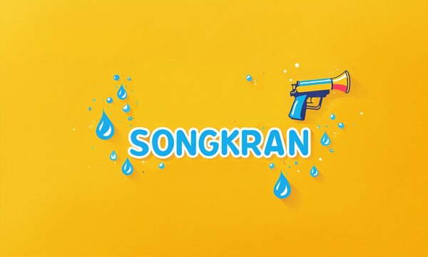 vibrant yellow background featuring the word songkran in blue and white letters with a colorful water gun toy and blue water droplets for the thai new year festival celebration.