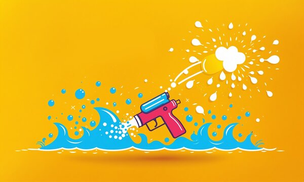 red and blue water gun toy floating over stylized blue ocean waves splashing white bubbles and water droplets against a bright yellow background for summer themes.