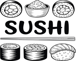 Hand drawn sushi vector sketch set with maki rolls, nigiri, ginger bowl, chopsticks and bold text © Moksedul