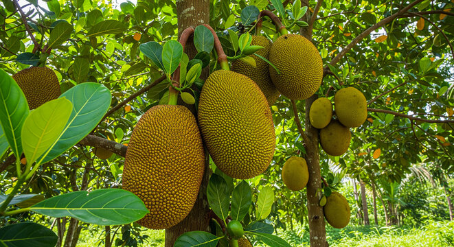  Jackfruit tree branch showing multiple fruits growing in natural green environment