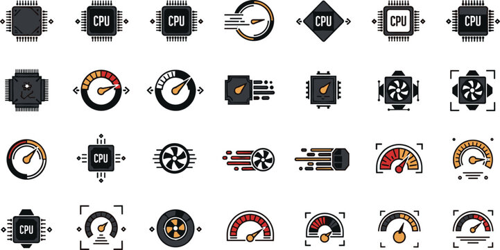 CPU performance and speed meter icon vector set with processor technology gauges cooling fan illustration