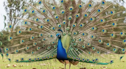 Obraz premium Vibrant peacock displaying feathers outdoors against green background
