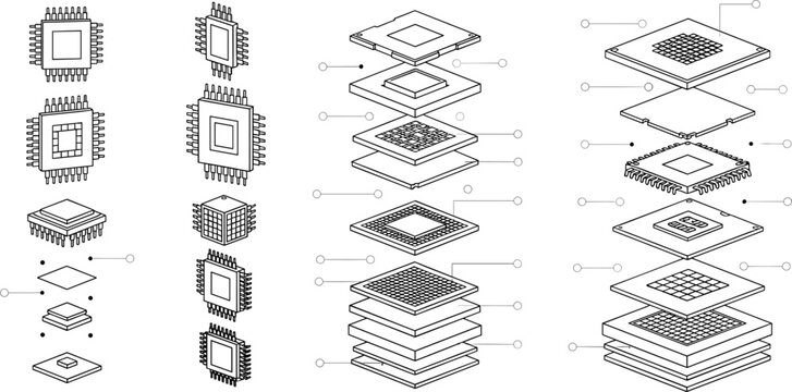 Microchip layers and processor architecture line vector illustration with exploded view circuit technology components design