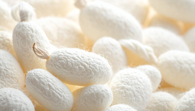 Close up of numerous creamy white silkworm cocoons textured and detailed