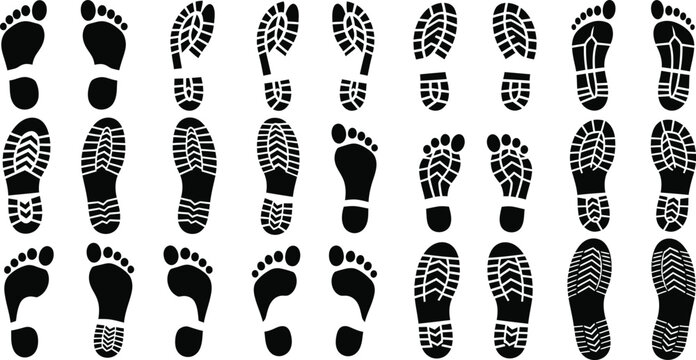 Collection of black footprint and boot sole imprints on white background boot print sole print shoe print