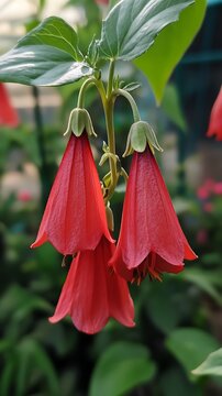 Three Red Chilean Bellflowers Hanging Down, Green Leaves, Blurred Background, CloseUp