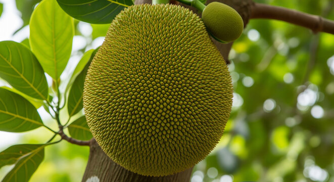 Single jackfruit growing on tree branch surrounded by lush green foliage outdoors