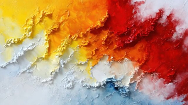 Vibrant Abstract Painting with Bold Colors of Yellow, Orange, Red, White, and Blue in Dynamic Brush Strokes