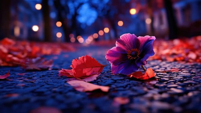 Vibrant Flower on Wet Pavement Surrounded by Fallen Leaves During Nighttime in a Serene Urban Setting