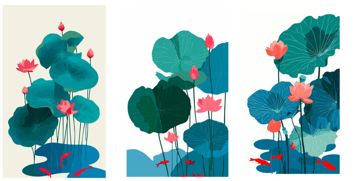 Korean Traditional Lotus Flower and Koi Fish Illustration in Minimalist Style