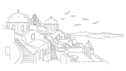Naklejka premium Minimalist Line Art Illustration of Santorini Greece Scenery with Iconic Blue Dome Churches and Sea View