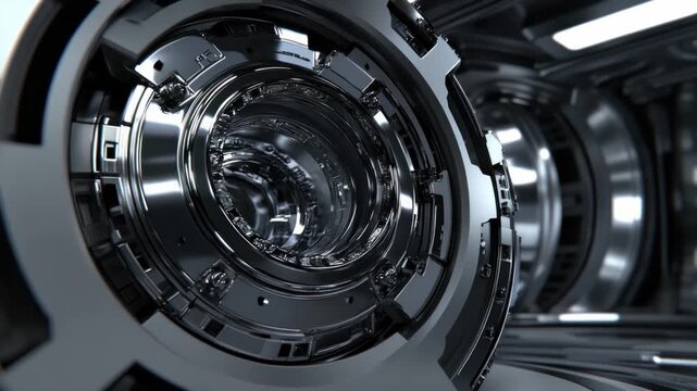 Intricate Metallic Circular Design in a Futuristic Sci-Fi Environment with Reflective Surfaces and Dynamic Lighting