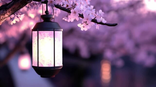 Elegant Lantern Hanging Among Blooming Cherry Blossom Tree in Serene Outdoor Setting at Dusk