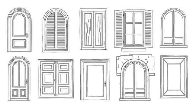 Minimalist Architectural Line Art Set Featuring Vintage Wooden Doors and Classic Window Shutters