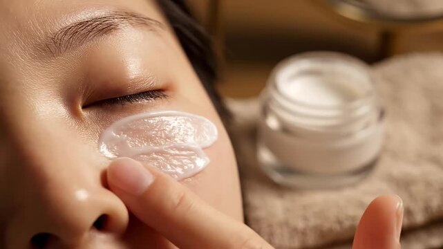 Close up of a young person applying hydrating eye cream with a finger under their eye area for a beauty routine.