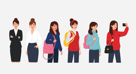 Obraz premium Young woman character poses set for business and lifestyle flat vector illustration collection