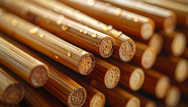 Close up of bamboo stalks with water droplets highlighting texture