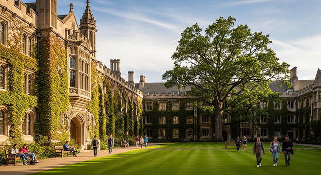 Historic university building with green lawn and people walking, Cambridge college scene