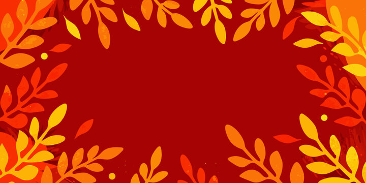 Abstract autumnal foliage border against a vibrant red background