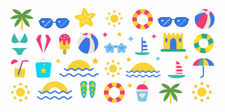 Colorful summer icons and illustrations arranged in a playful pattern