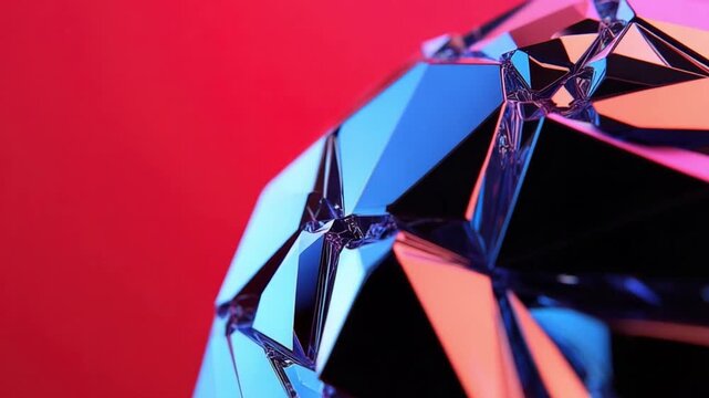 Abstract colorful crystal structure with reflective facets and vibrant hues against a red background