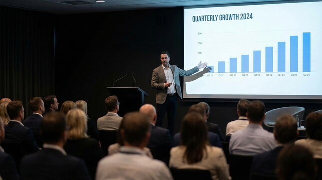 Male Speaker Presents Growing Bar Chart in Business Meeting with Audience