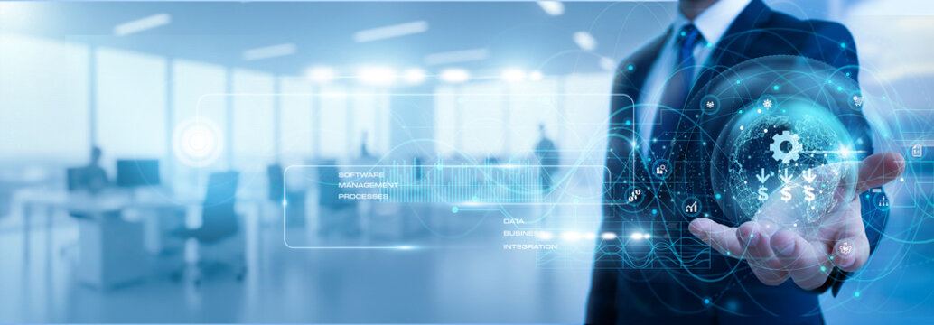 Manager holding enterprise resource planning system showing business growth graph with ERP software, company data, finance control, production planning, management system, corporate technology concept