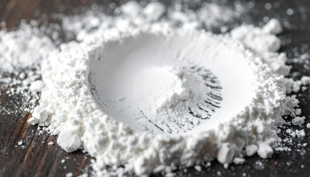 Close up of white powder forming a circular shape on a dark surface