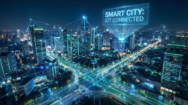 Futuristic Smart City with Connected Network Overlay at Night