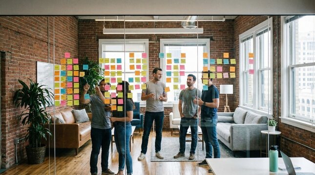 Diverse team collaborating on ideas with sticky notes in modern, bright office loft