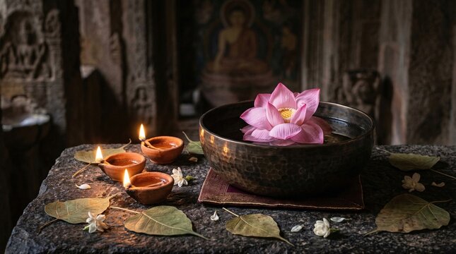 Polished bronze singing bowl floating a single pink lotus flower, surrounded by burning terracotta oil lamps and heart-shaped Bodhi leaves.