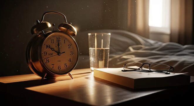 Vintage alarm clock with book glass of water and glasses on a bedside table