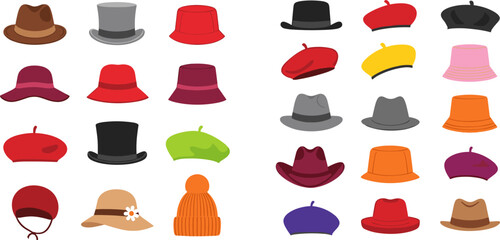 Stylish Hat Icon Set Featuring Berets, Fedora, Bucket, Cowboy, Beanie and Fashion Headwear Collection for Clothing and Accessory Design © Saidi