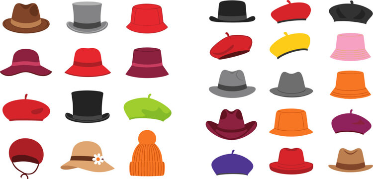 Stylish Hat Icon Set Featuring Berets, Fedora, Bucket, Cowboy, Beanie and Fashion Headwear Collection for Clothing and Accessory Design