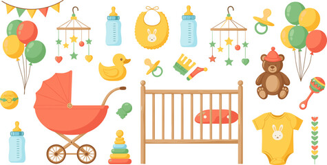 Fototapeta premium Baby Care and Nursery Icon Set with Crib, Stroller, Bottle, Toys, Clothes and Newborn Essentials for Parenting and Infant Design