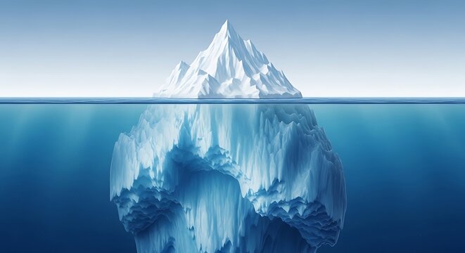 A detailed cross section view of a large iceberg floating in the deep blue ocean water surface. iceberg metaphor 