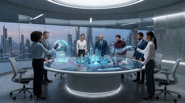 Diverse Business Team Collaborating on Futuristic Holographic City Model in Modern Boardroom