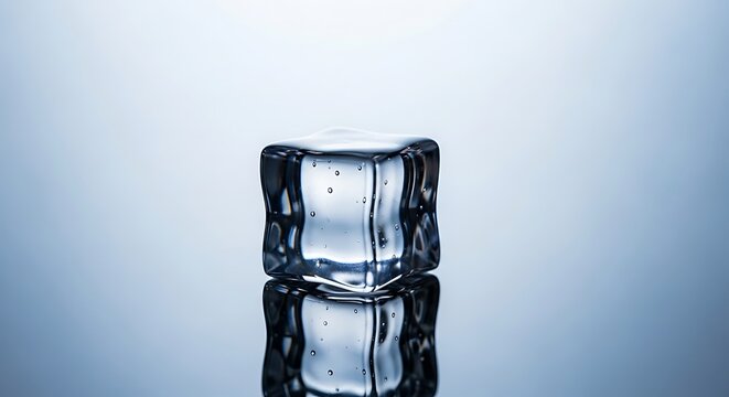 A single clear ice cube resting on a smooth reflective surface against a soft light blue background. kostka lodu