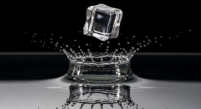 A single transparent ice cube falling into a still pool of water creating a beautiful crown splash. kostka lodu
