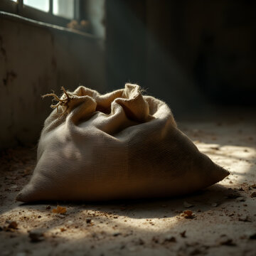 Burlap sack on floor with scattered leaves