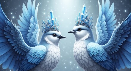 Obraz premium Two stylized blue birds with crystal headpieces facing each other in the light