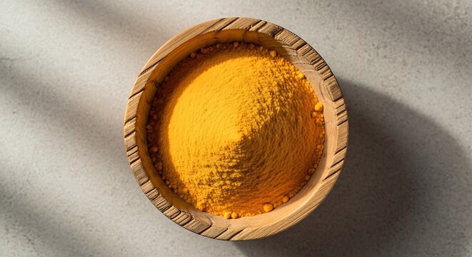 A top down view of vibrant yellow turmeric powder resting inside a rustic wooden bowl on stone. mango powder 