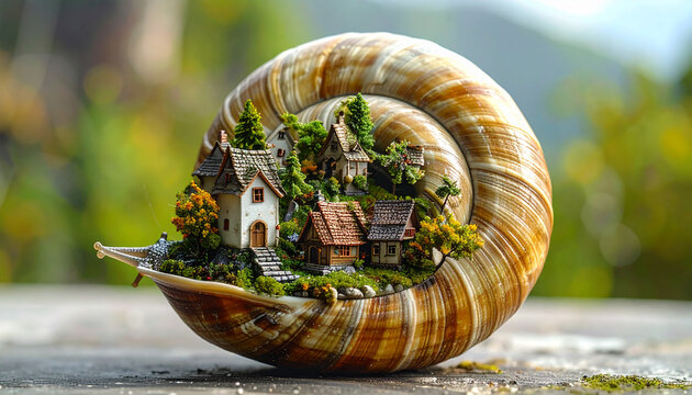 Miniature village nestled within a snail shell on a blurred background