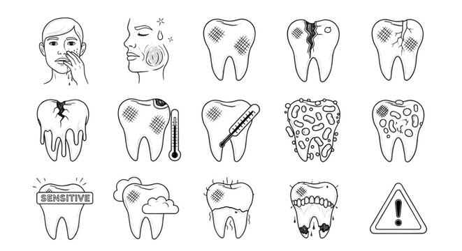 Collection of hand drawn dental health icons illustrating tooth decay cavities pain and warning signs for oral hygiene