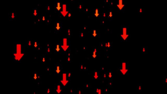 Red Down Arrows, Glowing Falling Arrow Icons on Black Background, Downward Scrolling Animation Motion Graphics Seamless Loop, 4K