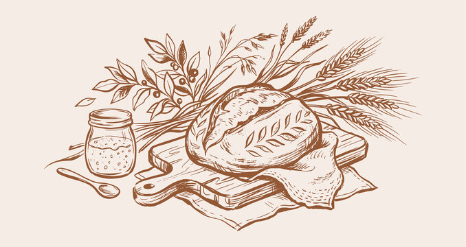 Artisan sourdough bread boule vector illustration drawing, rustic hand drawn sketch style bakery graphic, vintage line art with wheat stalks and starter jar,  bread making and baking design
