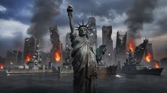 Dramatic Statue of Liberty scene with naval fleet and powerful ocean backdrop in 4K cinematic footage